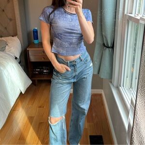 Women's Retro Denim Print Mesh Short Sleeve T-shirt